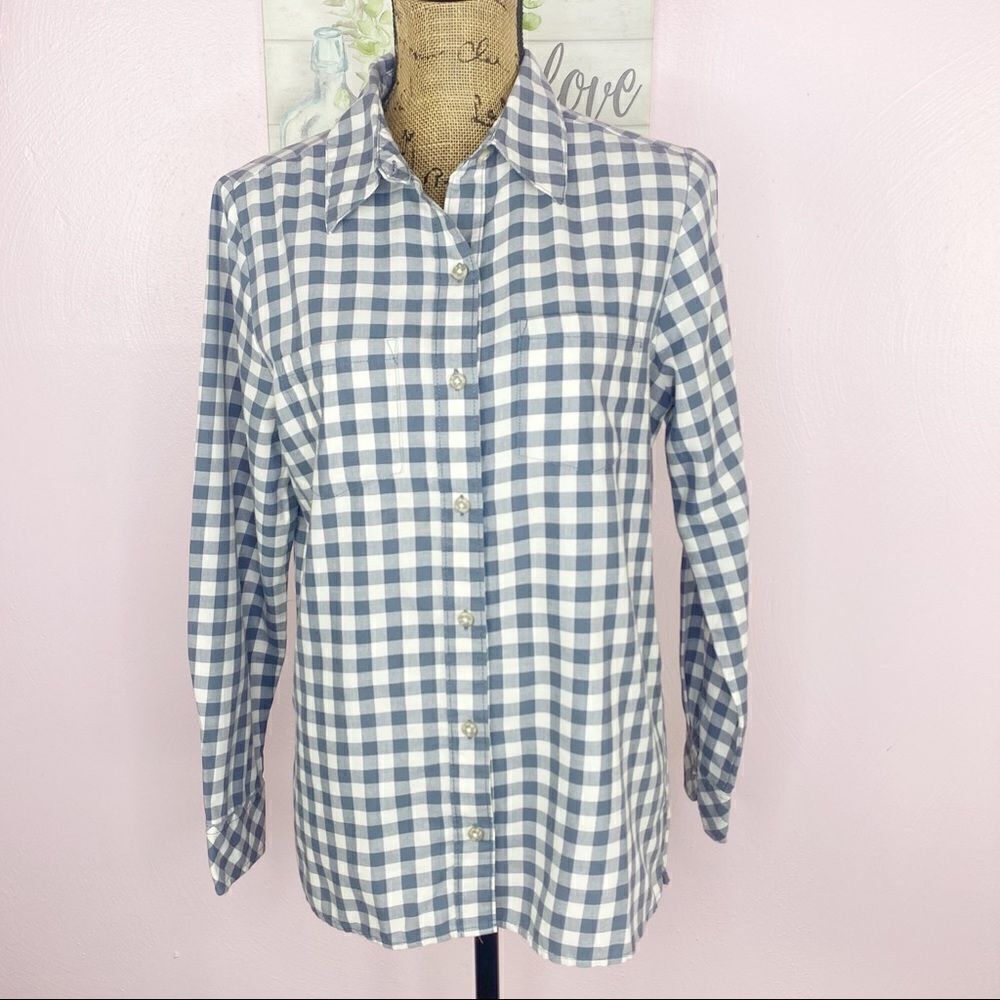 Chic Comfort Gingham Plaid Button Down Shirt‎ Blue Ivory Small Long Sleeve